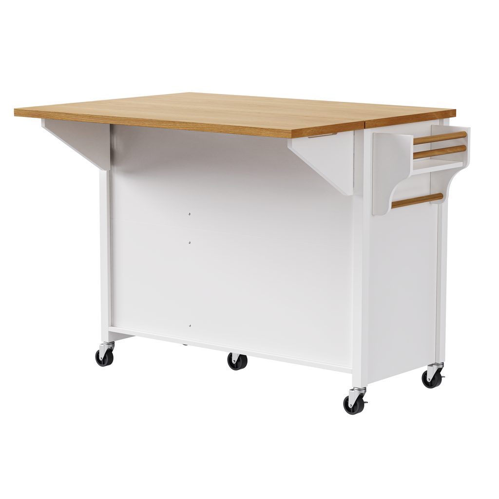 K&K 52'' Kitchen Island with Drop Leaf, Embossed Texture Kitchen Island on Wheels with Spice Rack, Towel Rack, 2 Doors and 5 Drawers, Kitchen Storage Cart with Adjustable Shelf for Kitchen, White - Grand Goldman Shop