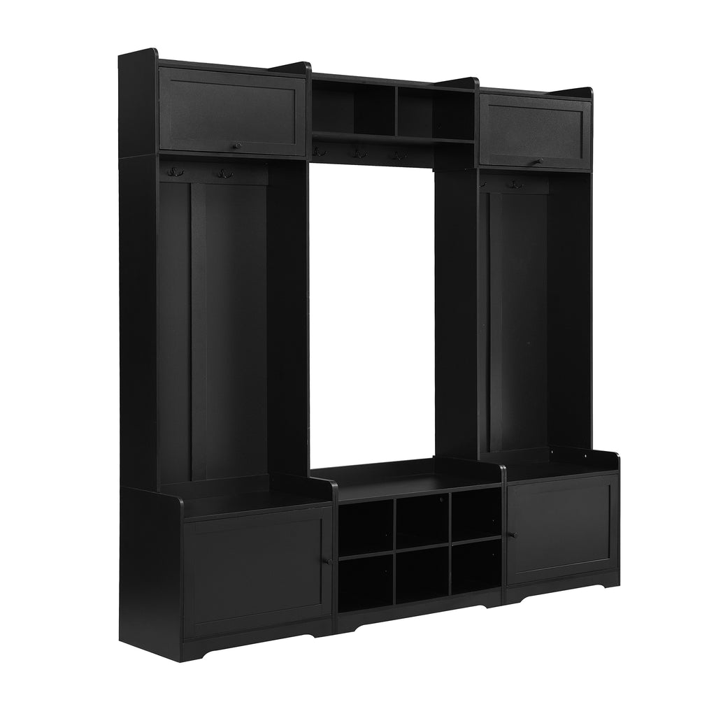 VIBE HAUS 79.1''Wide Modern Hall Tree with Shoe Storage, 4-in-1 Entryway Bench with 8 Cubbies, 7 Coat Hooks & Adjustable Shelf for Hallway, living room, Black - Grand Goldman Shop