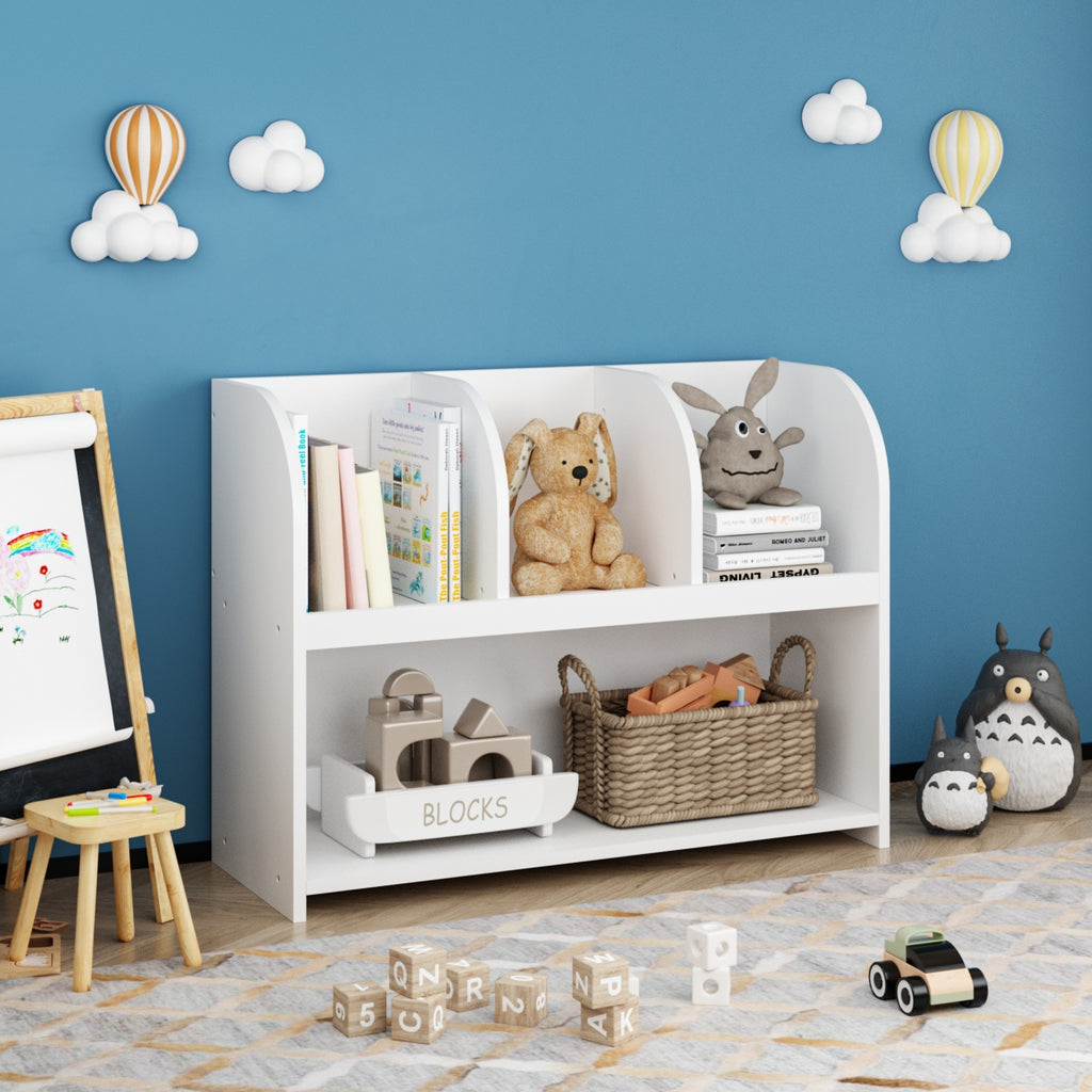 Kids Bookcase with 4 Compartments, White MDF Storage Shelf for Toys and Books, 31.5 x 11.8 x 23.6 inches | Premium Home Decor