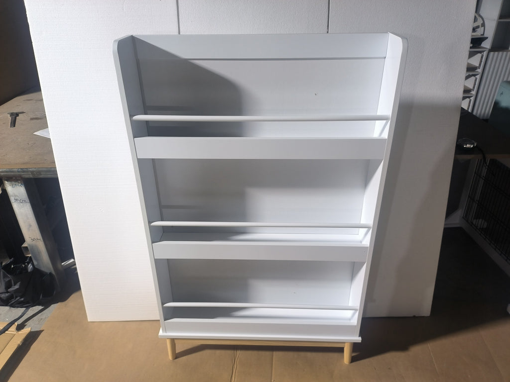 Modern White Wall-Mounted Kids Bookshelf with Natural Wood Base, 3 Front-Facing Display Shelves for Toddler Bedroom, Nursery 