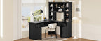 L-shaped computer desk with 2 cabinets and 2 drawers underneath the table, 11 open shelves and a flip-up shelf with storage o