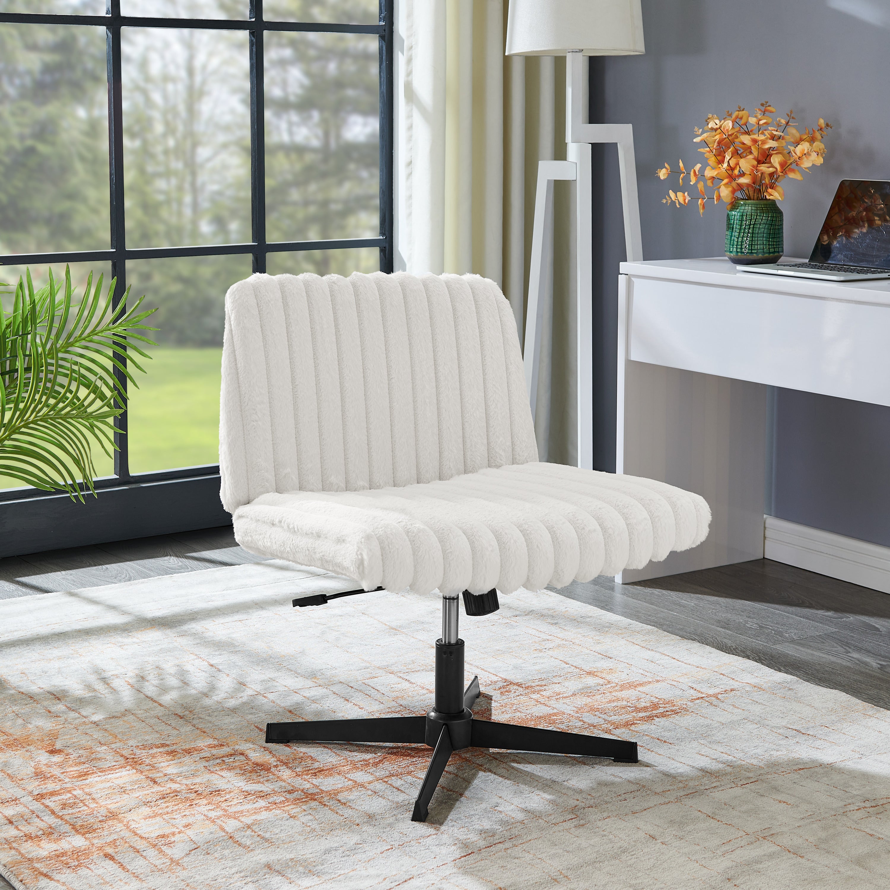 Blynn Adjustable Swivel Criss Cross Chair, Wide Seat Office Chair Vanity Chair, Cream White | Premium Home Decor - Grand Gold