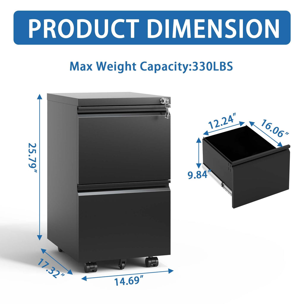 Sleek Modern 2 Drawer Metal Mobile File Cabinet with Lock, Black, Compact Size - Grand Goldman