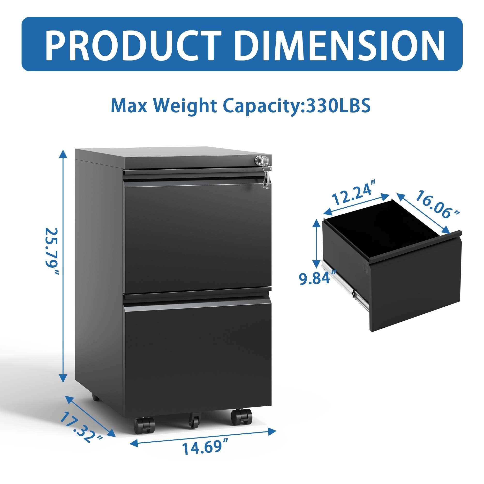 Sleek Modern 2 Drawer Metal Mobile File Cabinet with Lock, Black, Compact Size - Grand Goldman