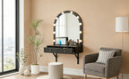Floating Wall Mounted Makeup Vanity Desk with LED Mirror 3 Color Lights, Compact Dressing Table with Power Outlet & USB Charging, Space Saving Large Storage Vanity for Bedroom Bathroom, Black - Grand Goldman Shop