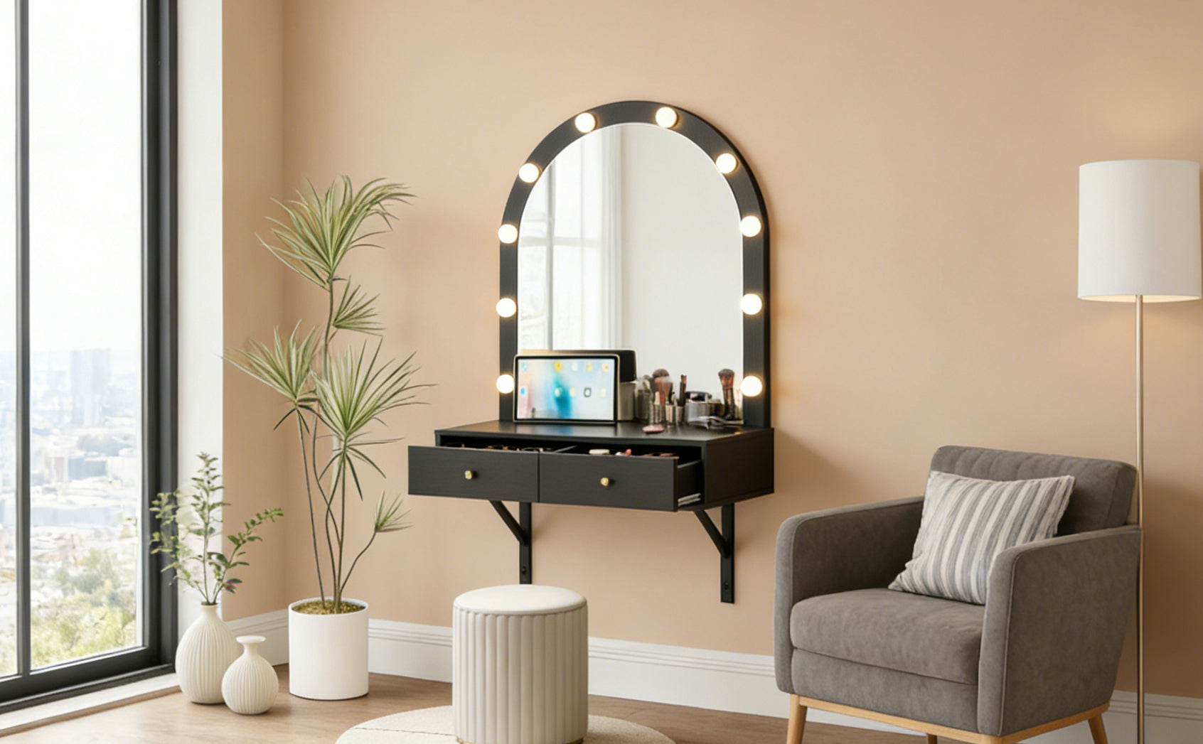 Floating Wall Mounted Makeup Vanity Desk with LED Mirror 3 Color Lights, Compact Dressing Table with Power Outlet & USB Charging, Space Saving Large Storage Vanity for Bedroom Bathroom, Black - Grand Goldman Shop