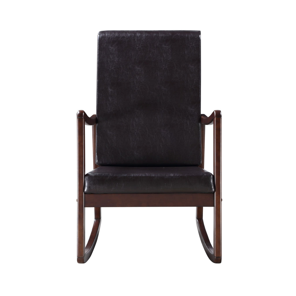 Raina Dark Brown Synthetic Leather & Espresso Finish Rocking Chair with Foam Cushioning, 220lb Capacity - Grand Goldman Shop