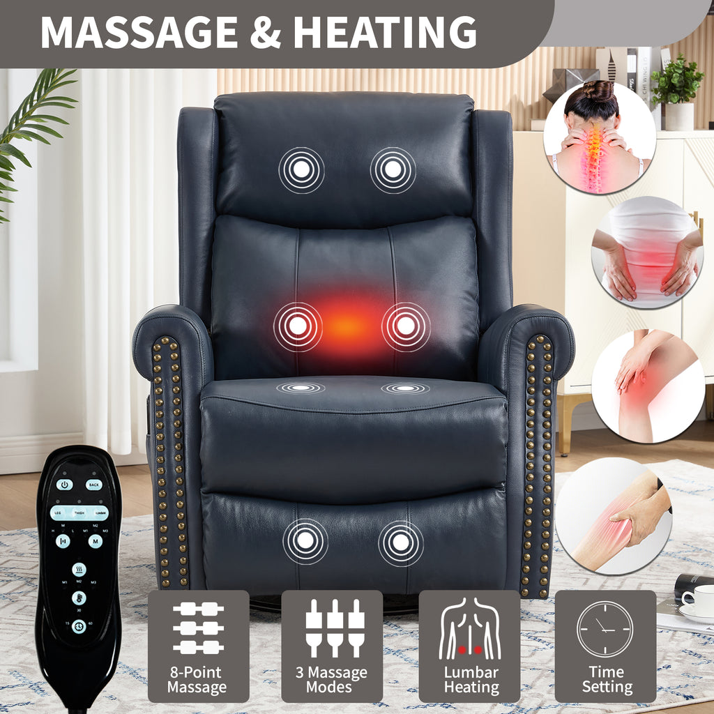 Heat Massage Manual Recliner Chair with Rocker and Swivel in Genuine leather for Living Room, Blue - Grand Goldman Shop