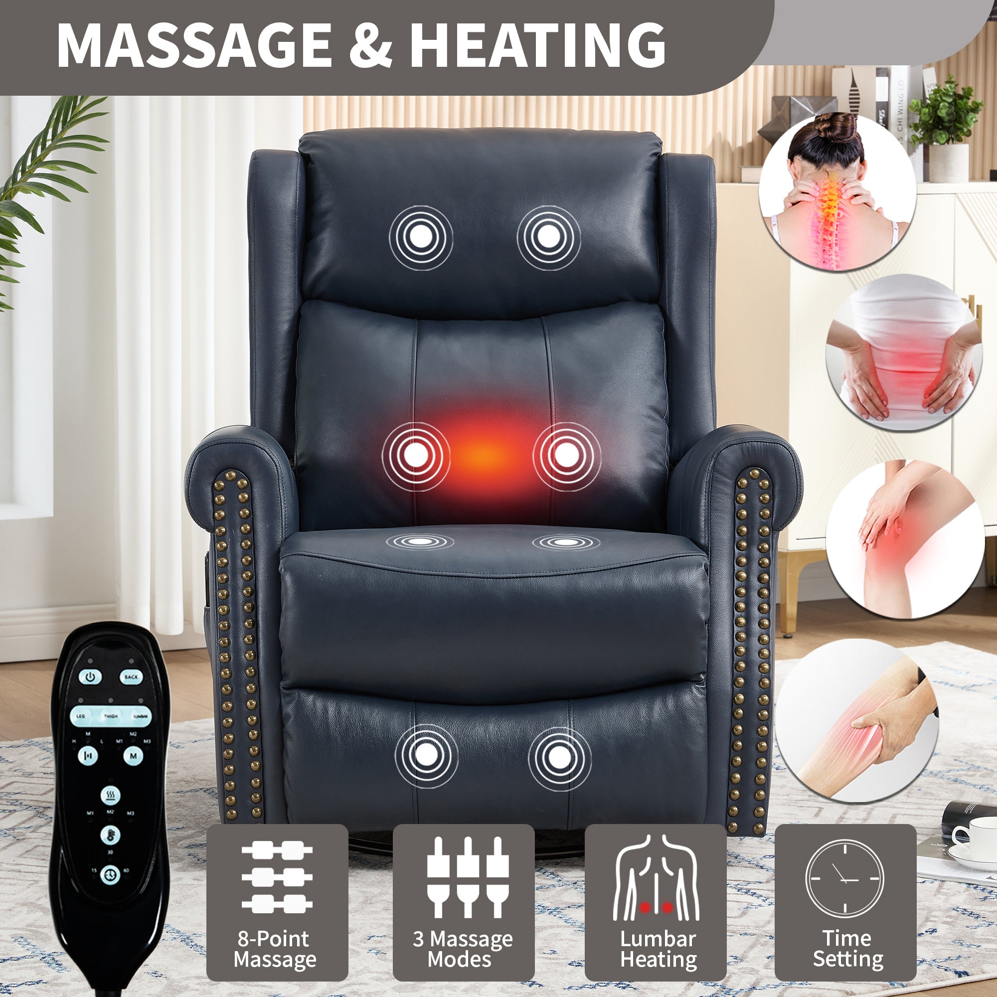 Heat Massage Manual Recliner Chair with Rocker and Swivel in Genuine leather for Living Room, Blue - Grand Goldman Shop
