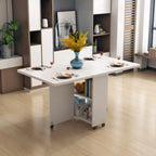 Folding Drop Leaf Dining Table with 6 Wheels and 2-Layer Storage Shelf, Space Saving Table for Small Spaces, 47.2 inch D x 23.6 inch W x 30.3 inch H, White - Grand Goldman Shop