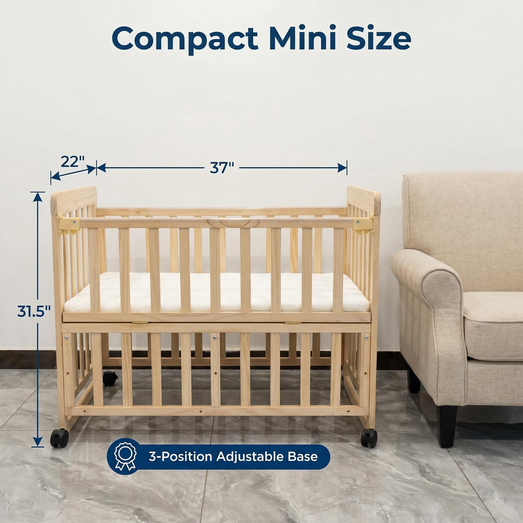 Portable Pine Wood Bedside Bassinet with 3 Adjustable Heights, Natural Wood Mini Crib for Newborns 0-36 Months, Compact Desig