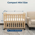 Portable Pine Wood Bedside Bassinet with 3 Adjustable Heights, Natural Wood Mini Crib for Newborns 0-36 Months, Compact Desig