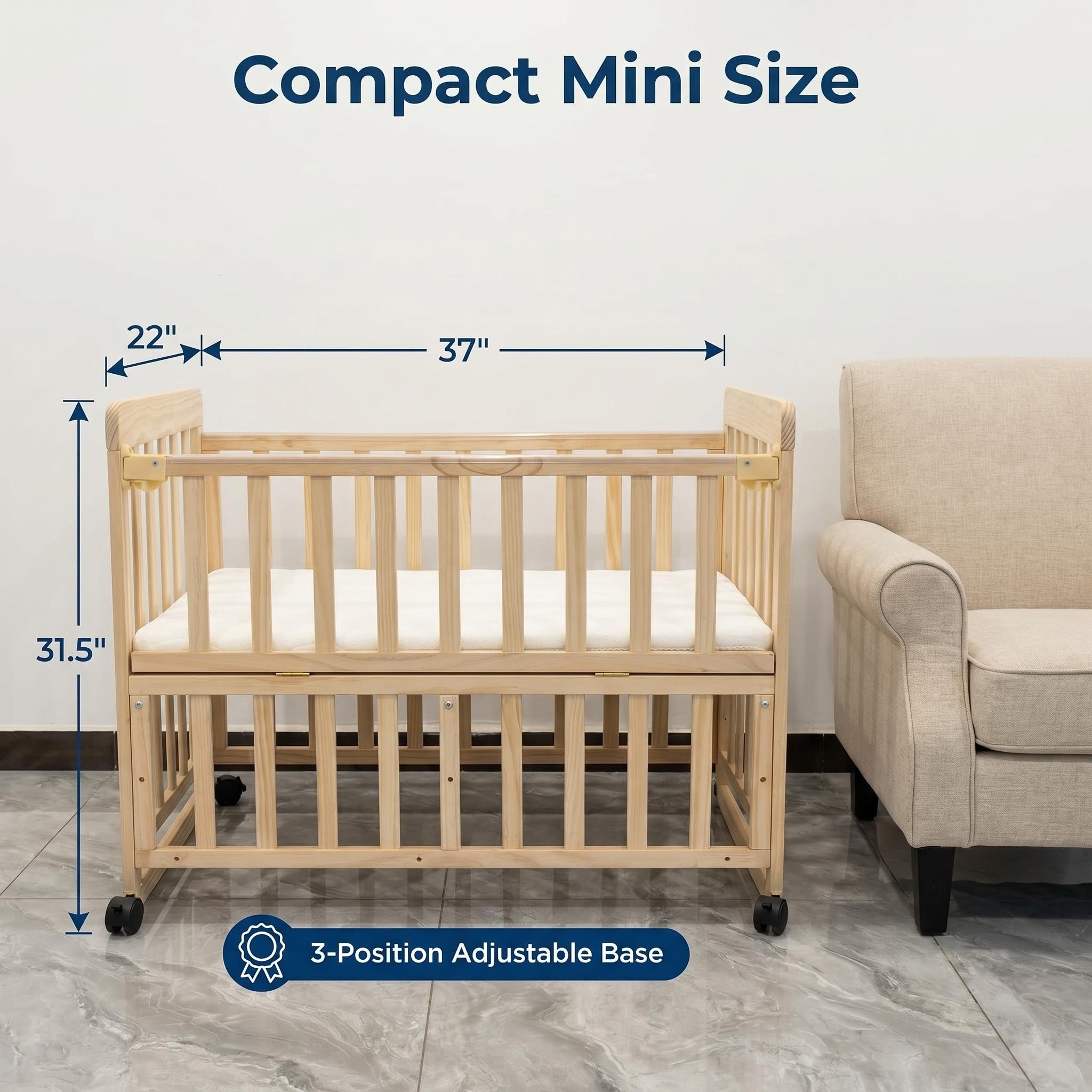 Portable Pine Wood Bedside Bassinet with 3 Adjustable Heights, Natural Wood Mini Crib for Newborns 0-36 Months, Compact Desig