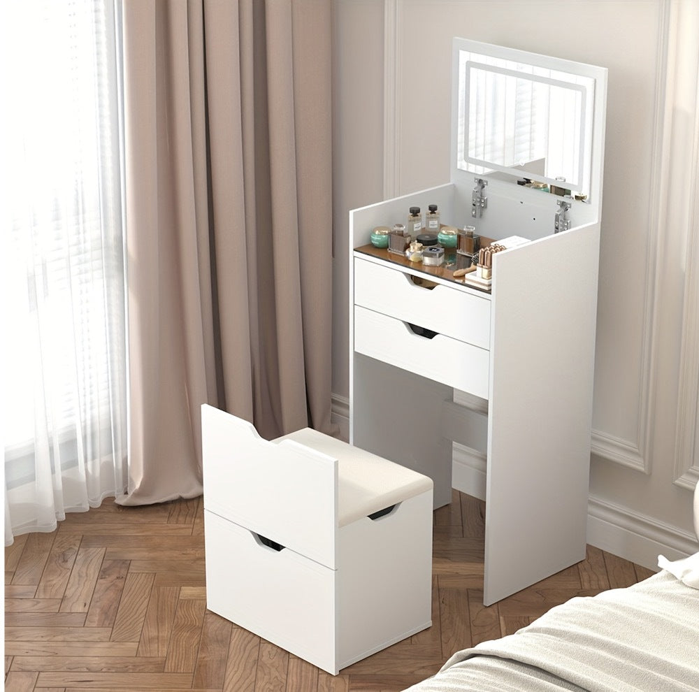 Dressing Table and Stool, 3-in-1 Multifunctional Dressing Table Set, Featuring Three-color Lighting Modes, HD Mirror, Two Sliding Drawers, and a Hidden Storage Stool - Grand Goldman Shop