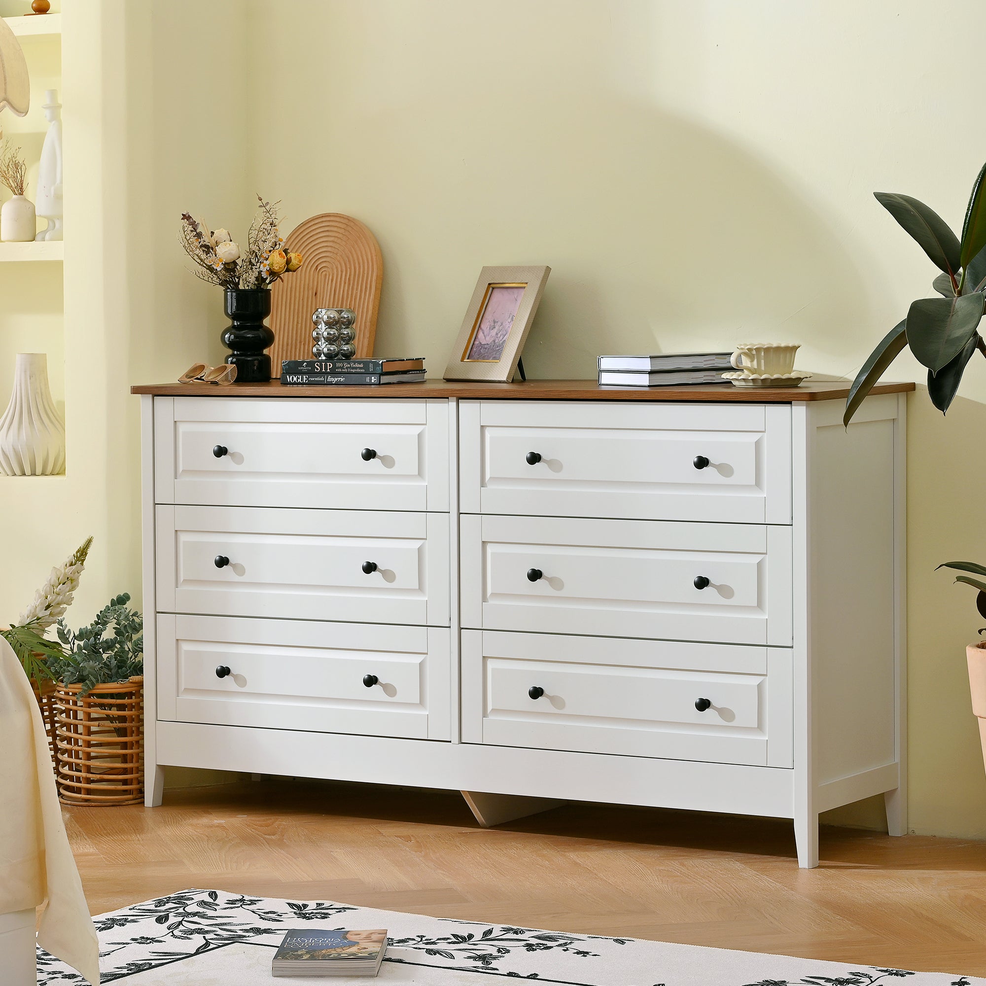 White Dresser for Bedroom, 6 Drawer Dresser with Wide Drawer and Metal Handles, White Dresser, Wood Dressers & Chests of Drawers for Hallway, Entryway. - Grand Goldman Shop