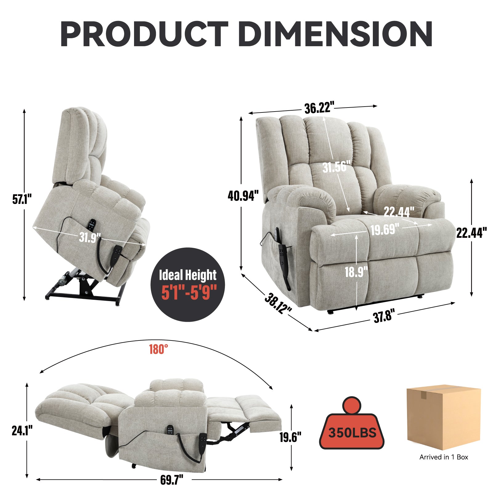 Dual Motor Heat Massage Infinite Position Up to 350 LBS Electric Power Lift Recliners with Power-Remote, Medium-firm and Heavy Duty, Beige - Grand Goldman Shop