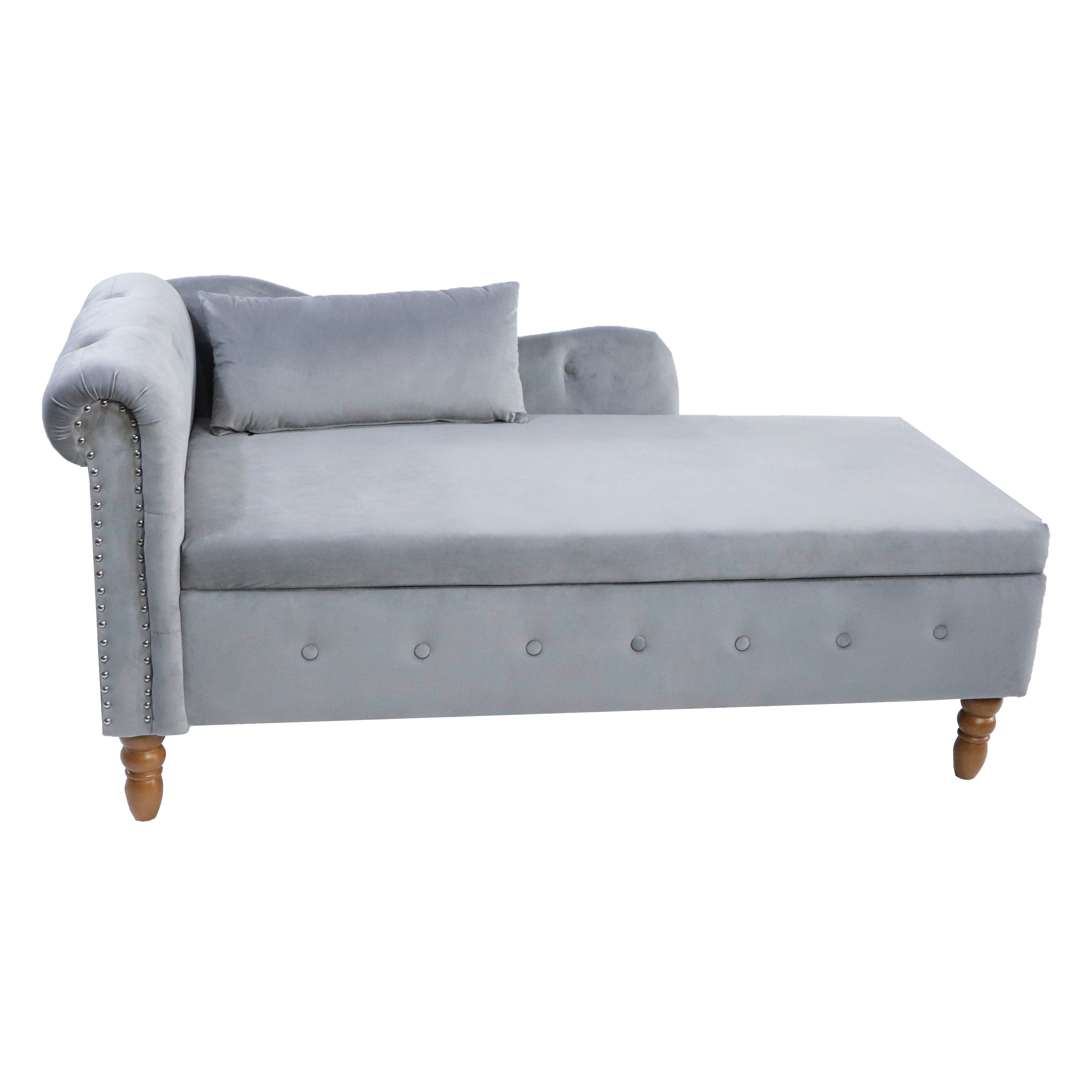 Grey Chaise Lounge Indoor, Velvet Lounge Chair for Bedroom with Storage & Pillow, Modern Upholstered Rolled Arm Chase Lounge for Sleeping with Nailhead Trim for Living Room Bedroom Office - Grand Goldman Shop