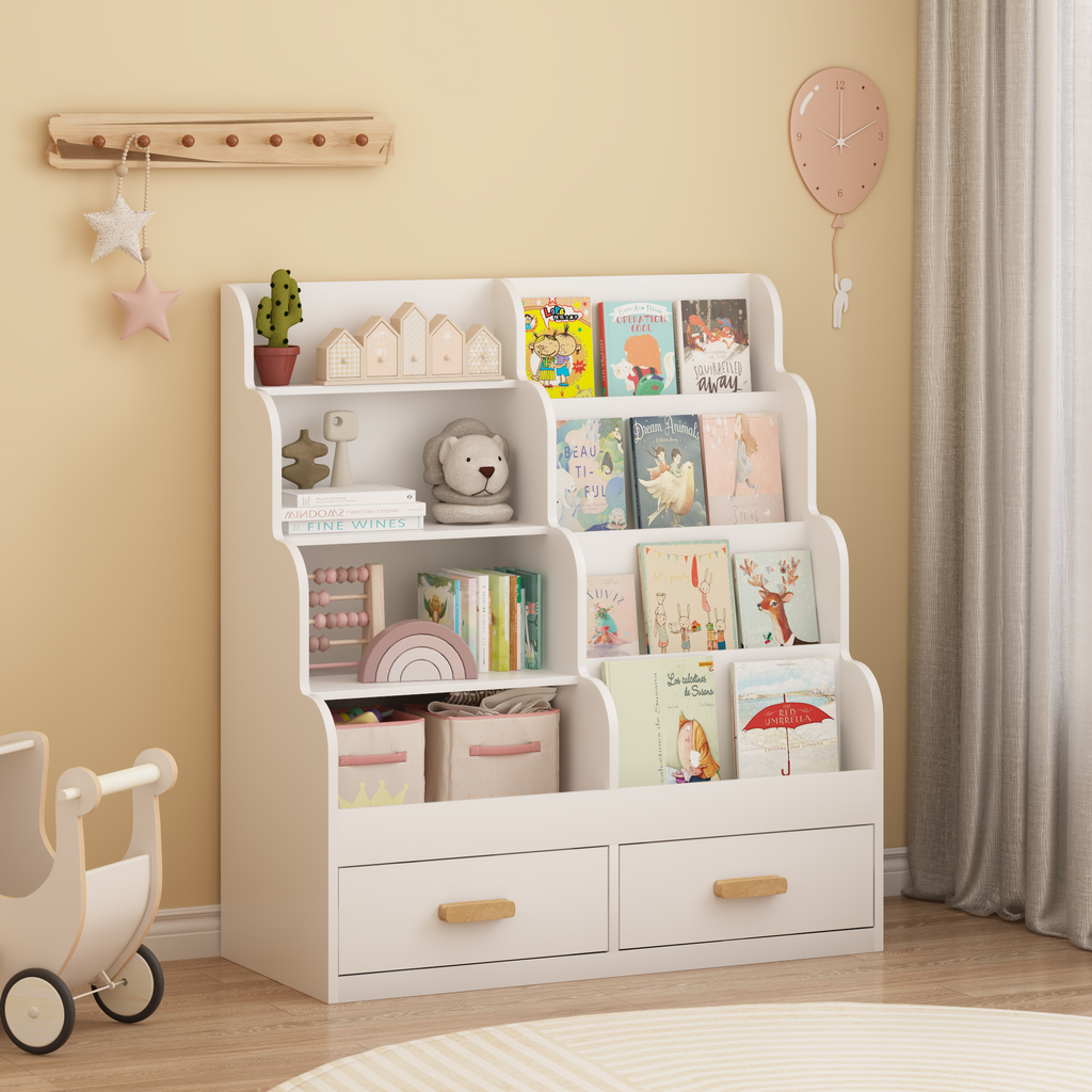 Kids Bookshelf with 2 Storage Drawers, Front-Facing Children's Bookcase and Toy Organizer, Multi-Tier Reading Shelf for Toddl