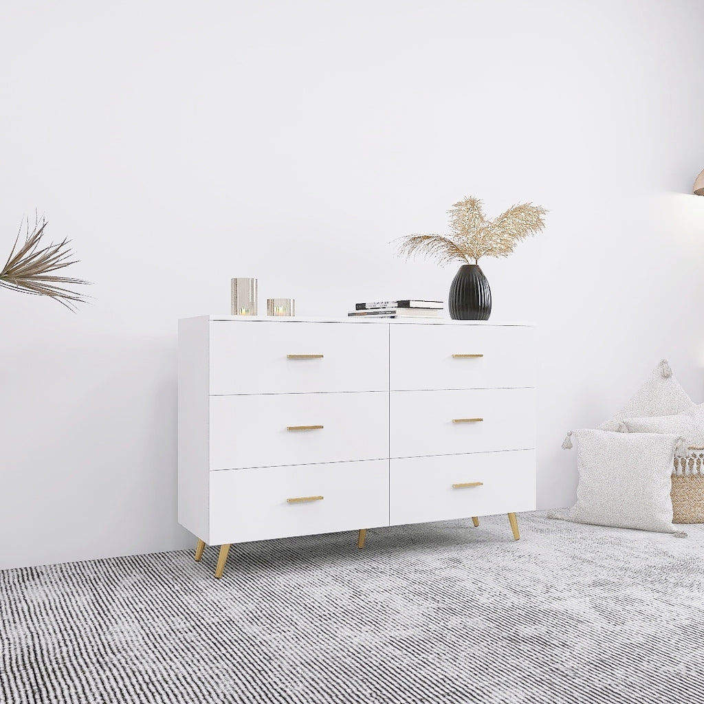 High Glossy Surface 6 Drawers Chest of Drawer with Golden Handle and Golden Steel Legs White Color Vanity - Grand Goldman Shop