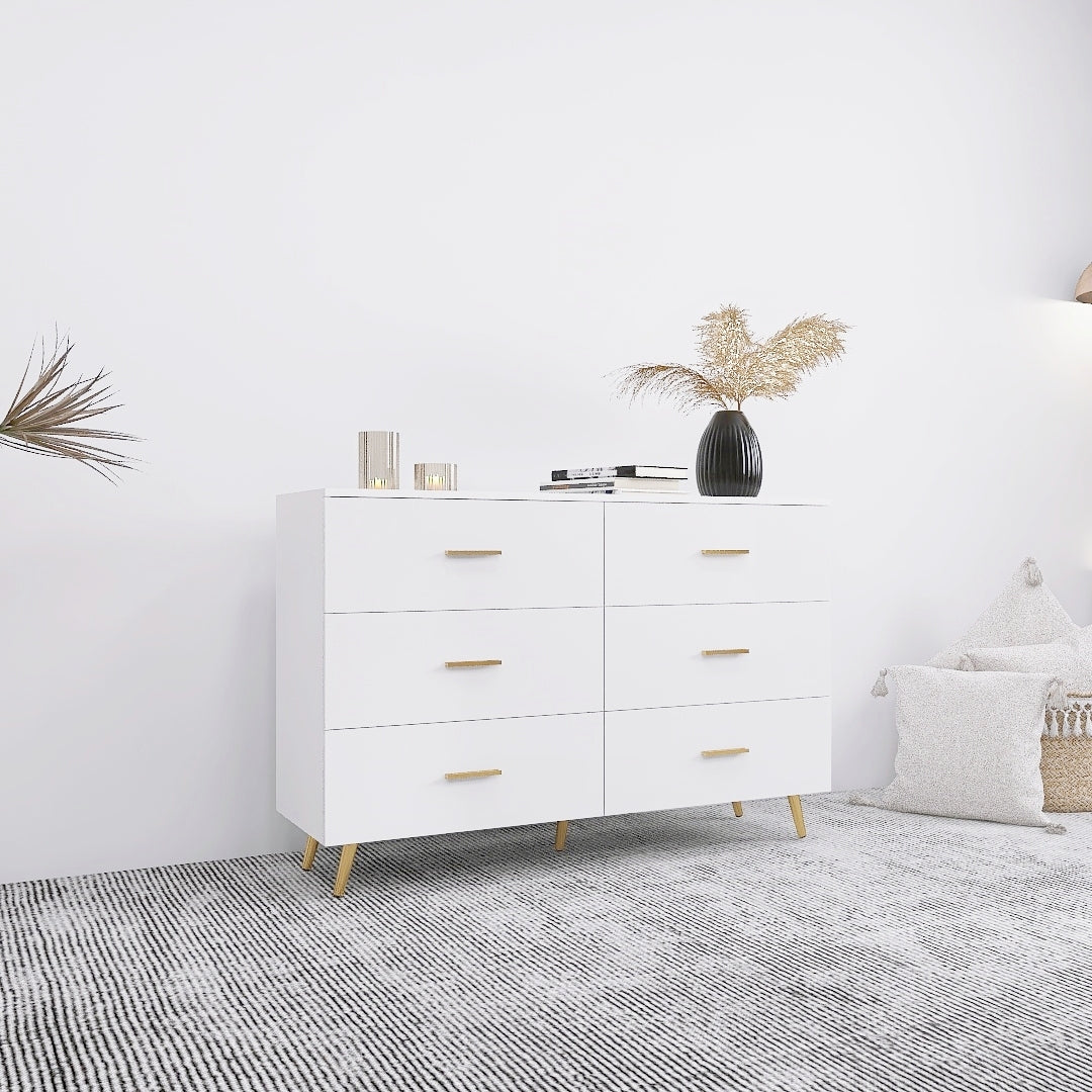High Glossy Surface 6 Drawers Chest of Drawer with Golden Handle and Golden Steel Legs White Color Vanity - Grand Goldman Shop