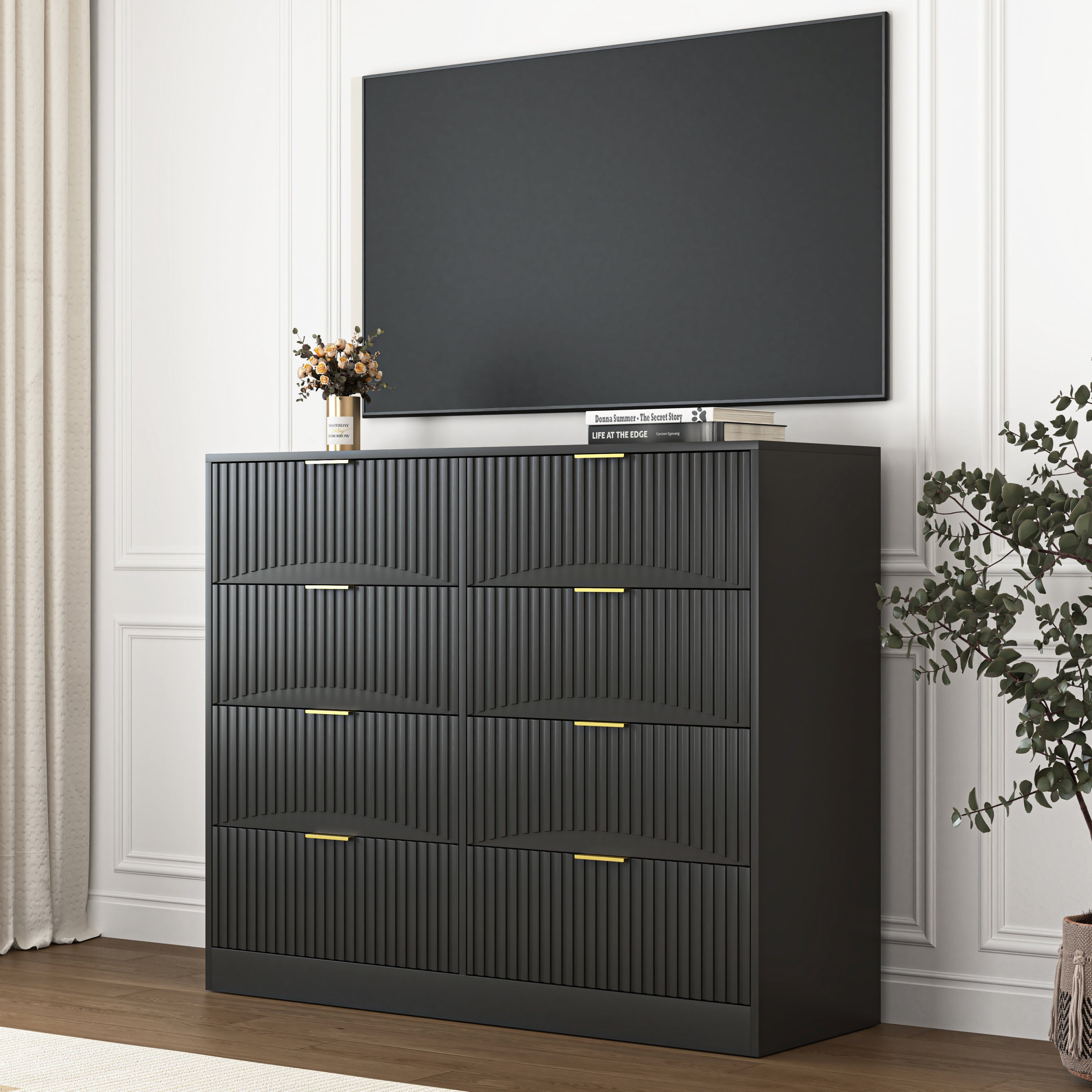 Modern 8 Drawers Dresser Chests for Bedroom,47.2' Wide Wood Chest of Drawers with Gold Metal Handle,Drawer Organizer for Bedroom,Living Room,Hallway and Entryway,Black - Grand Goldman Shop