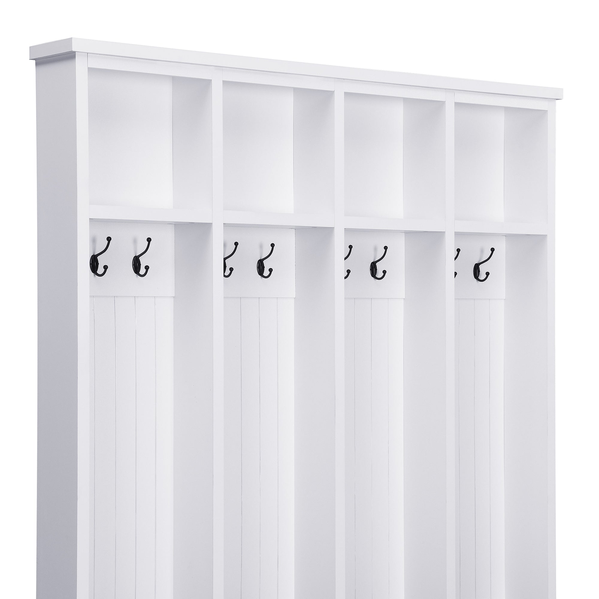 Farmhouse Hall Tree with 8 Hooks, Practical Entryway Bench with Open Compartments, 76.7'H Modern 3-in-1 Wooden Style Coat and Shoe Rack for Mudroom, Living Room, White (OLD SKU: N721P292601K) - Grand Goldman Shop