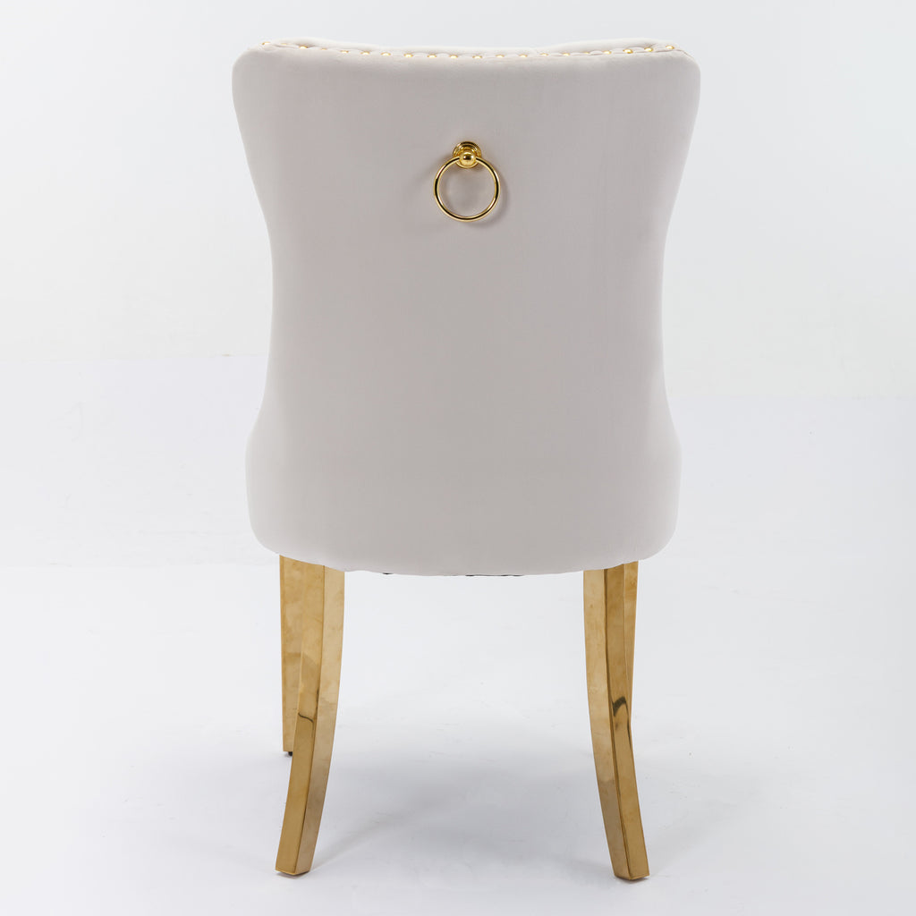 A&A Furniture,Nikki Collection Modern, High-end Tufted Solid Wood Contemporary Velvet Upholstered Dining Chair with Golden Stainless Steel Plating Legs,Nailhead Trim,Set of 2,Beige and Gold, SW1601BG - Grand Goldman Shop
