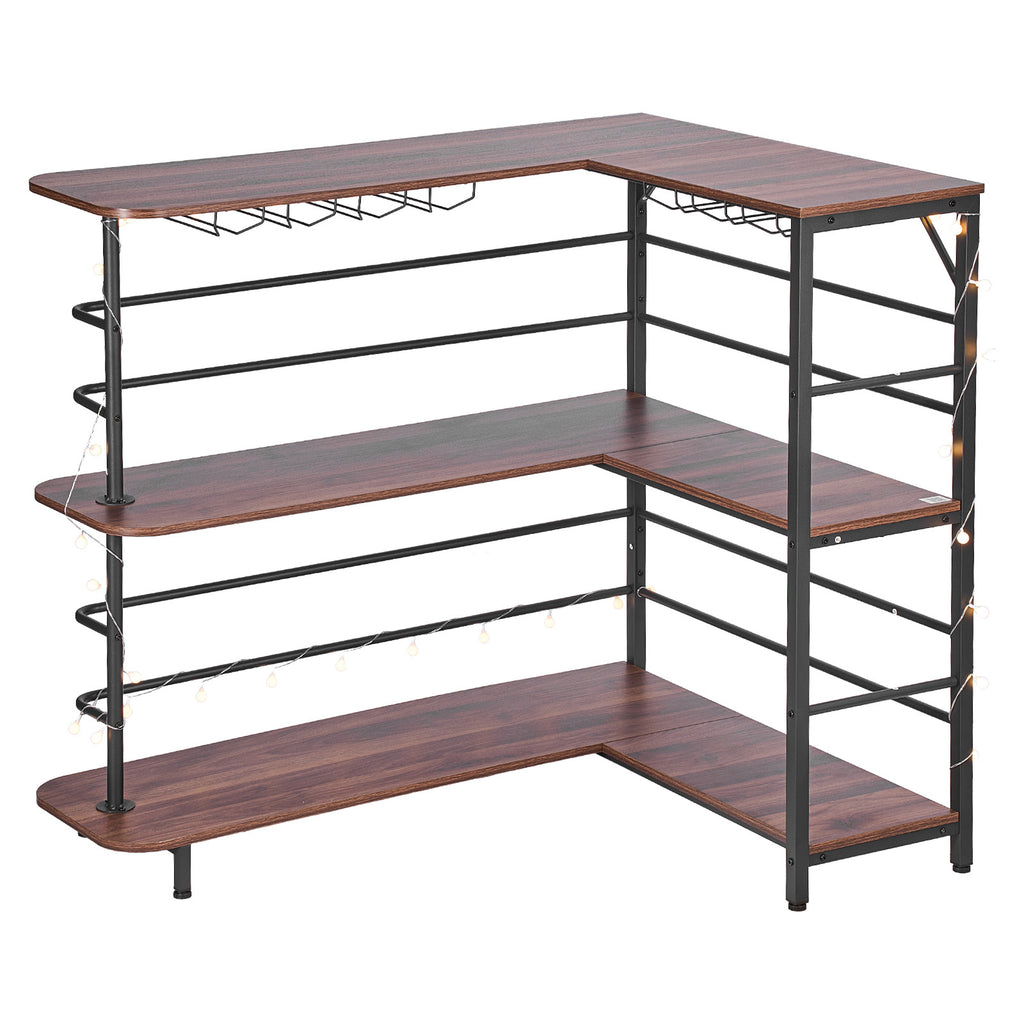 Home Bar Unit, L-Shaped Wine Bar Cabinet Table 3-Tier with Storage Shelves, Adjustable Foot Pads, LED Light, Walnut Finish & Metal Frame Liquor Cabinet for Home, Kitchen,Living Room,Pub,Basement - Grand Goldman Shop