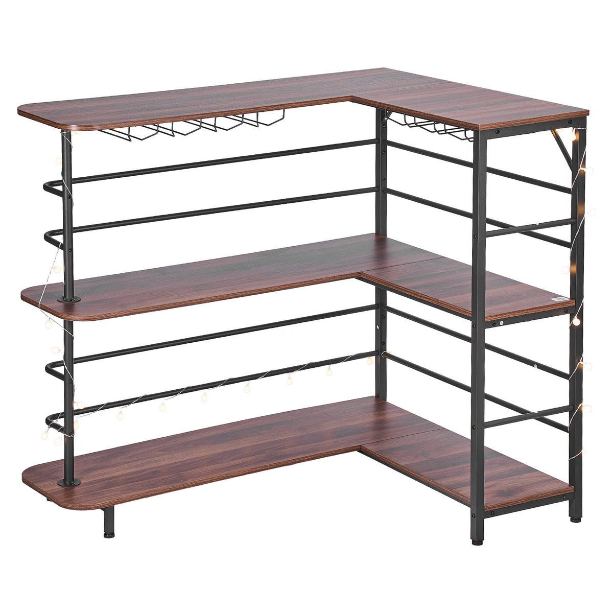 Home Bar Unit, L-Shaped Wine Bar Cabinet Table 3-Tier with Storage Shelves, Adjustable Foot Pads, LED Light, Walnut Finish & Metal Frame Liquor Cabinet for Home, Kitchen,Living Room,Pub,Basement - Grand Goldman Shop