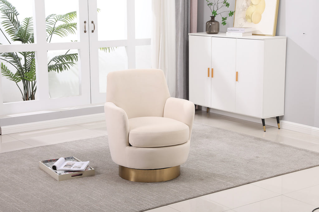 Velvet Swivel Barrel Chair, Swivel Accent Chairs Armchair for Living Room, Reading Chairs for Bedroom Comfy, Round Barrel Chairs with Gold Stainless Steel Base (Beige) - Grand Goldman Shop