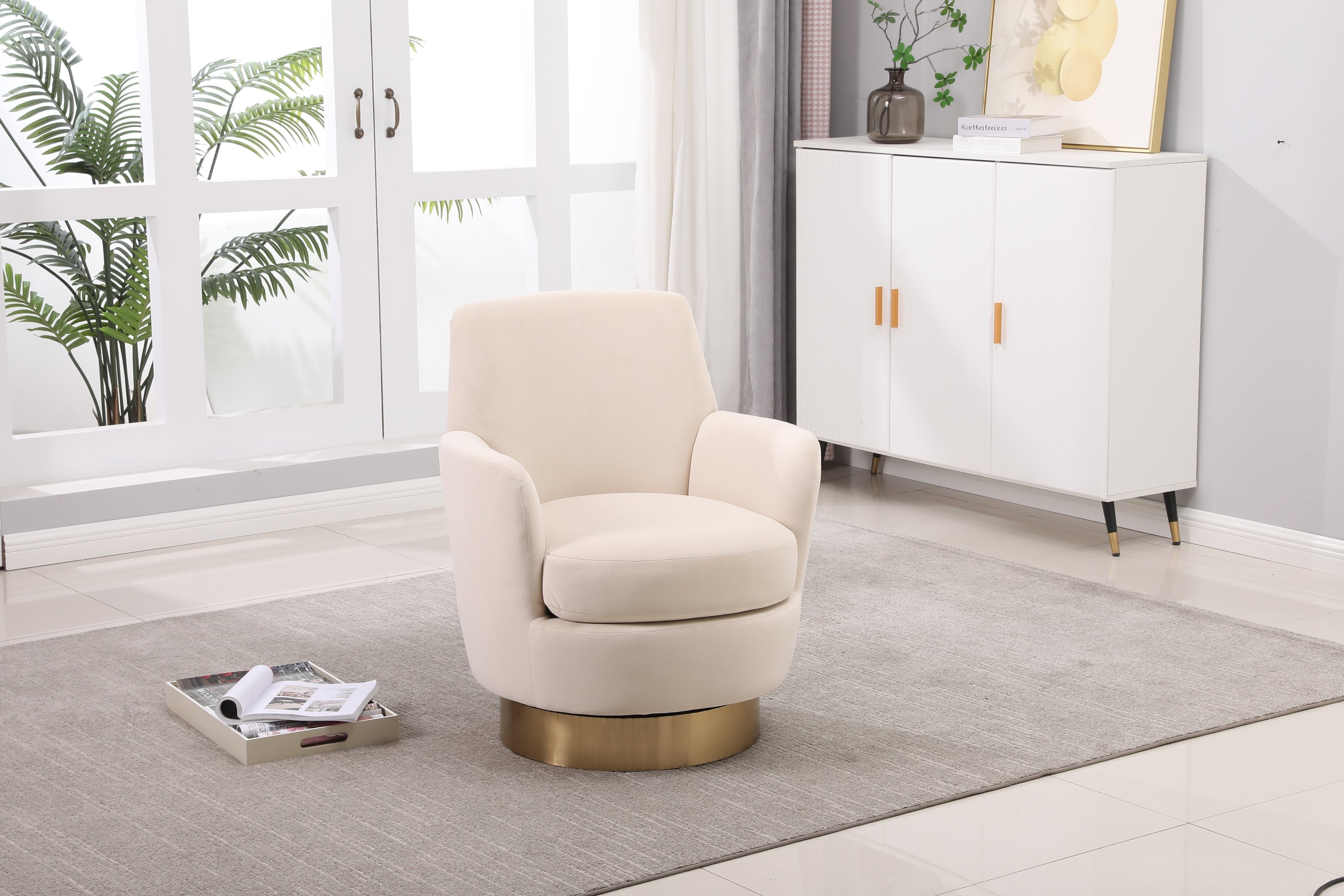 Velvet Swivel Barrel Chair, Swivel Accent Chairs Armchair for Living Room, Reading Chairs for Bedroom Comfy, Round Barrel Chairs with Gold Stainless Steel Base (Beige) - Grand Goldman Shop