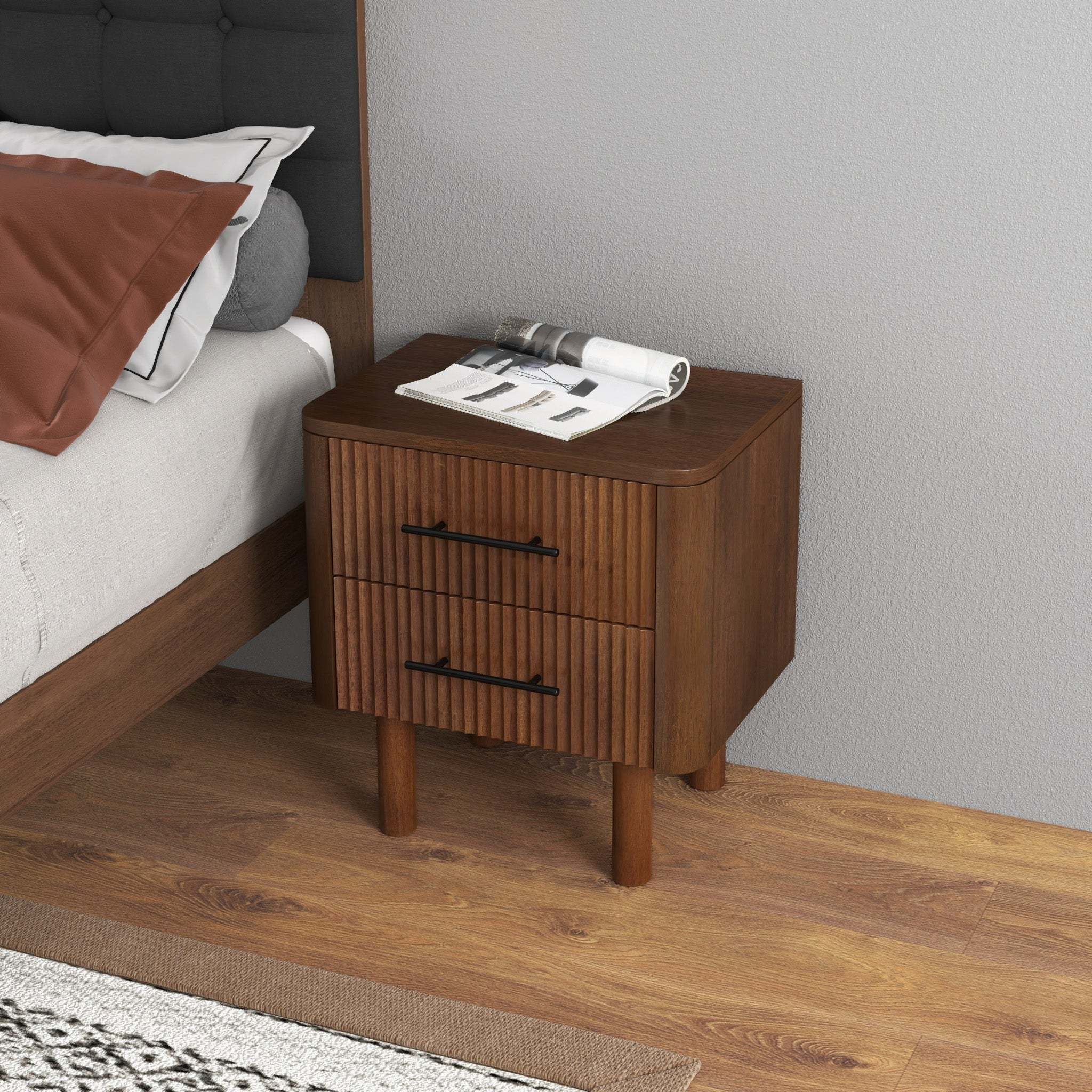 Logan Mid Century Modern Walnut Nightstand with 2 Drawers, Solid Wood, 24x 22x15 inches Drawers and Storage Shelf for Bedrooms, Small Spaces, Bedside Table - Grand Goldman Shop