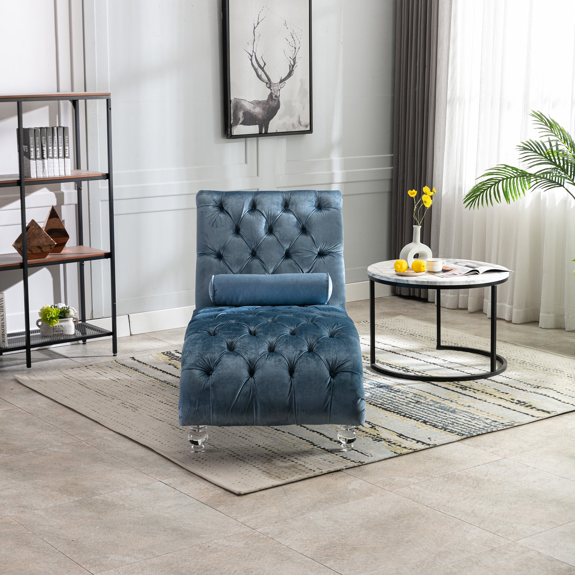 Velvet Chaise Lounge Chair with Pillow, Button-Tufted Upholstered, Light Blue, Solid Wood Frame, Acrylic Legs - Grand Goldman Shop