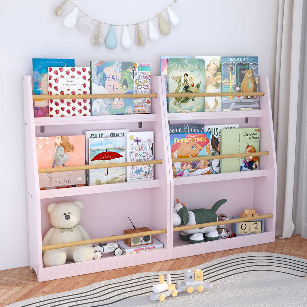 3-Tier Kids Book Shelf, Pink MDF & Pine Wood Storage Rack for Bedrooms, Playrooms, and Classrooms - Grand Goldman