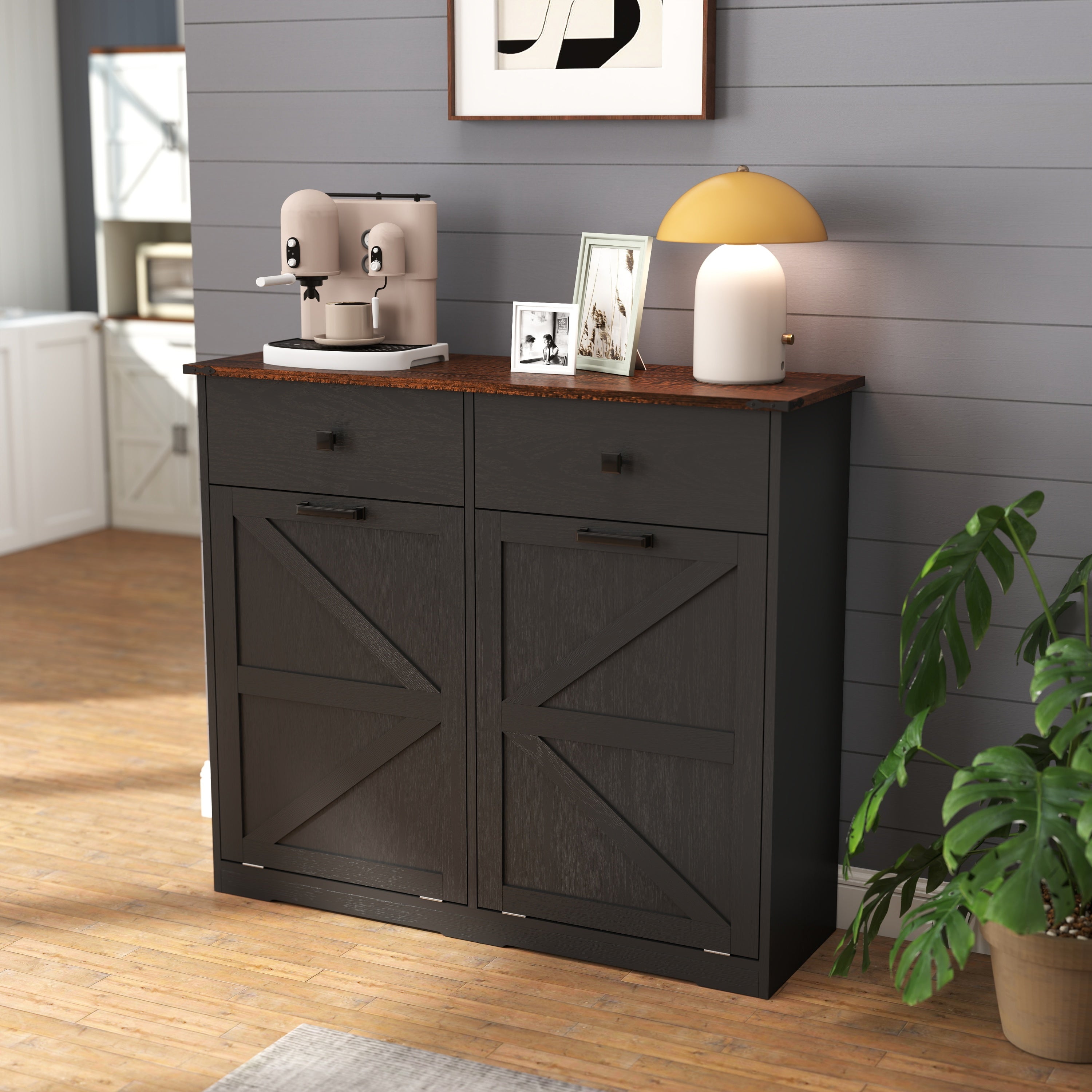 Farmhouse Black Double Tilt Out Trash Cabinet with Hideaway Drawer and Barn Door Style, Engineered Wood, 39.3''×13''×34.45'' - Grand Goldman Shop