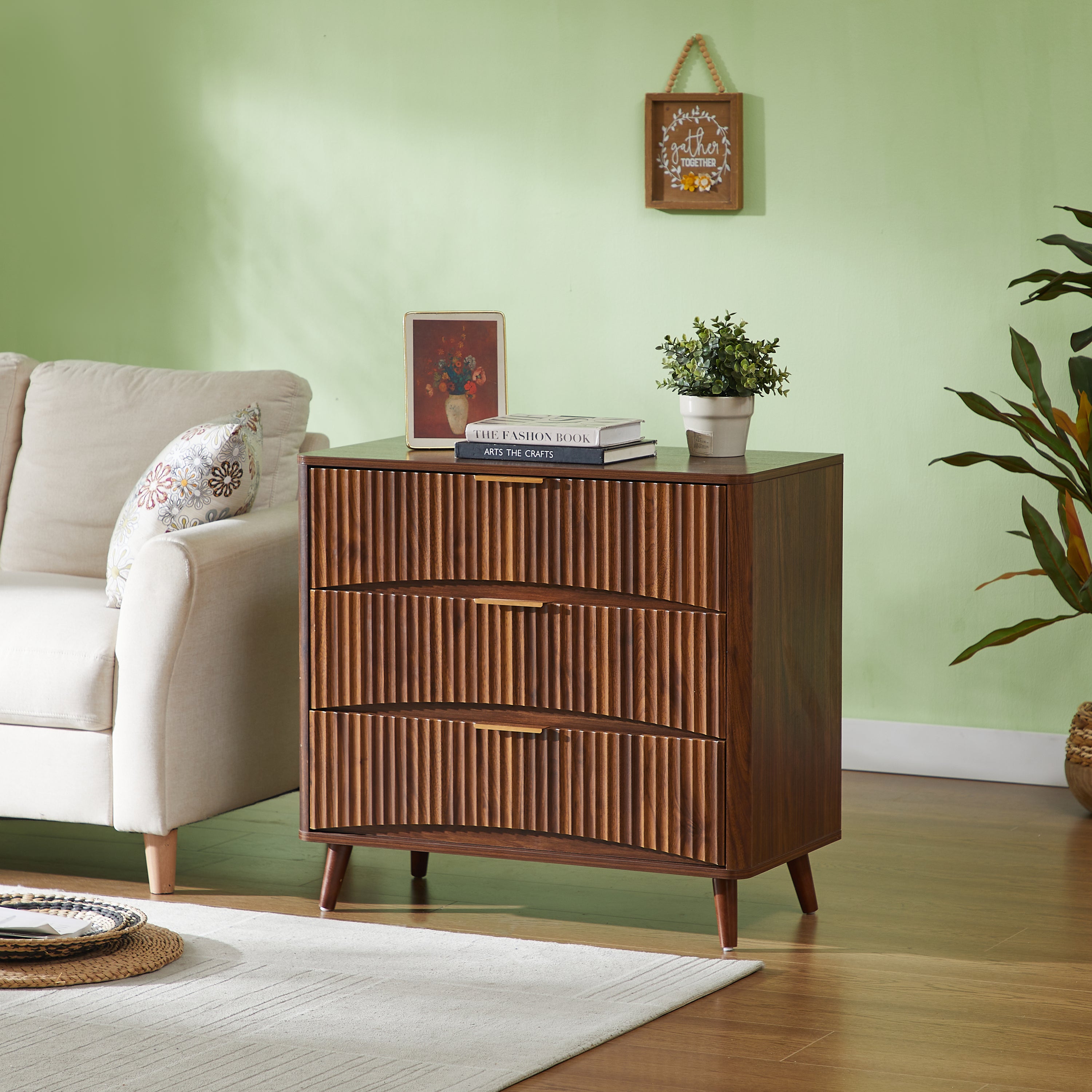Fluted 3 Drawer Dresser Set of 2, Mid-Century Modern Tall Chest of Drawers with Vertical Grooved Design, Solid Wood Storage Cabinet with Metal Handles for Bedroom Living Room, Walnut - Grand Goldman Shop