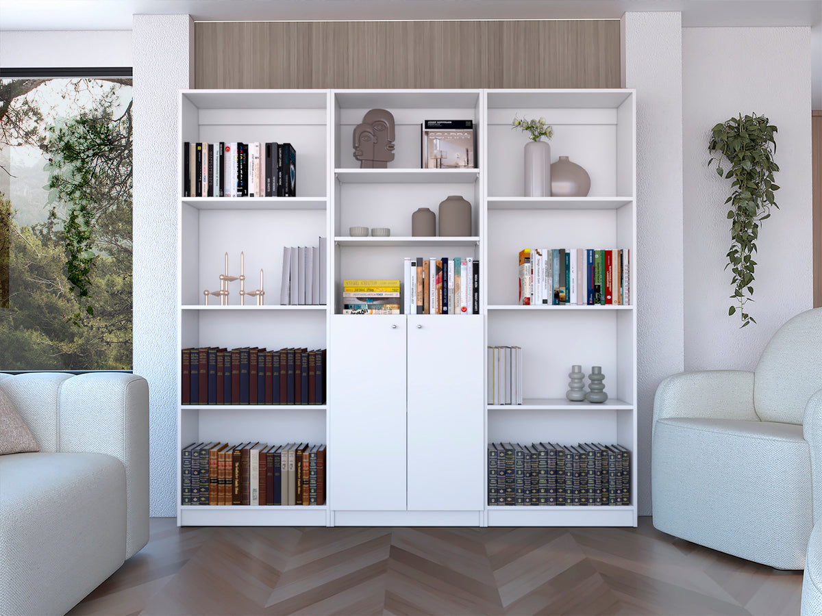 Duette 3 Piece Home Bookcase set, 74' Wide with 11 Shelves and 2-door Cabinet ,  Living Room Set  White | Premium Home Decor 