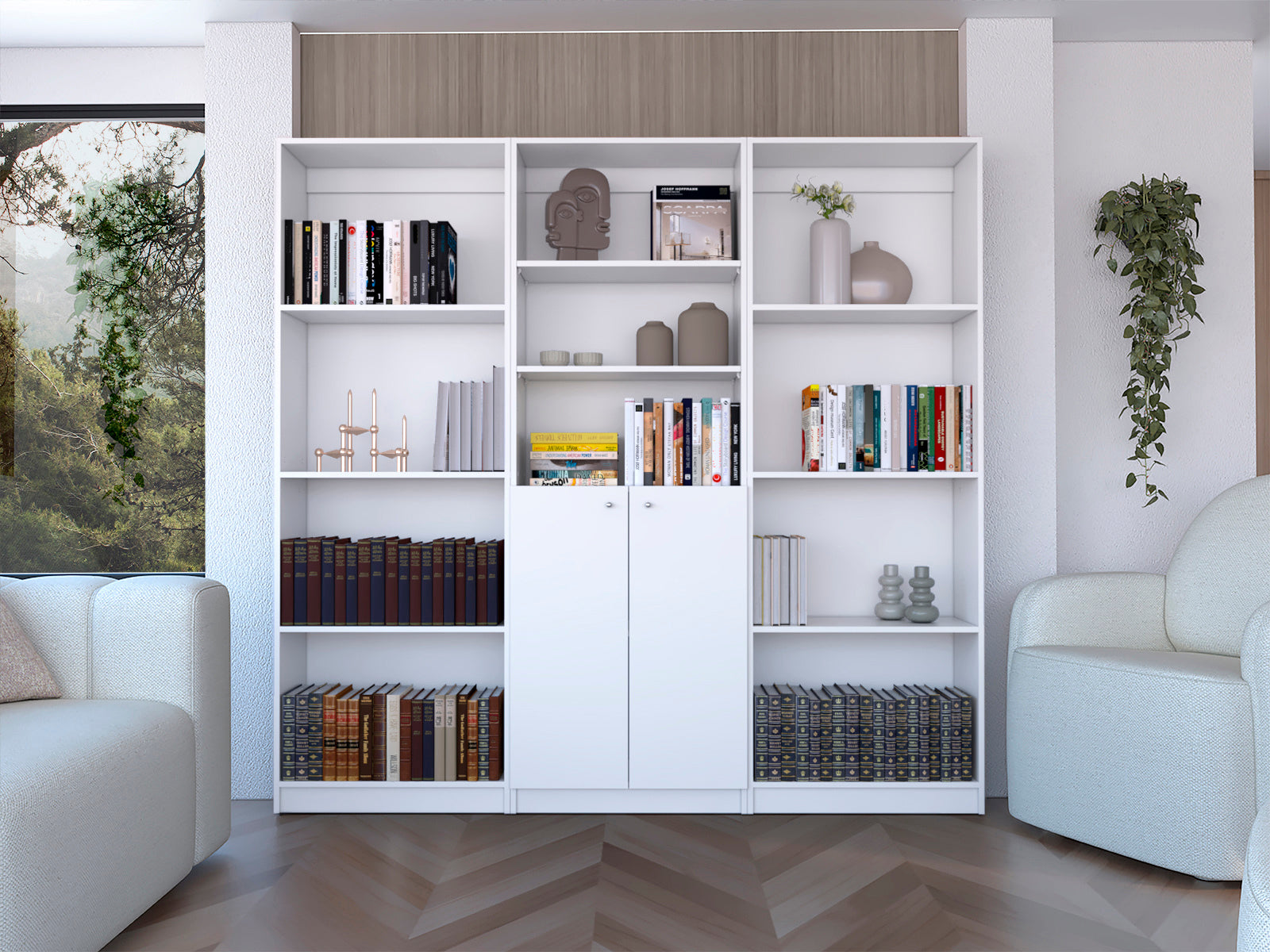 Duette 3 Piece Home Bookcase set, 74' Wide with 11 Shelves and 2-door Cabinet ,  Living Room Set  White | Premium Home Decor 