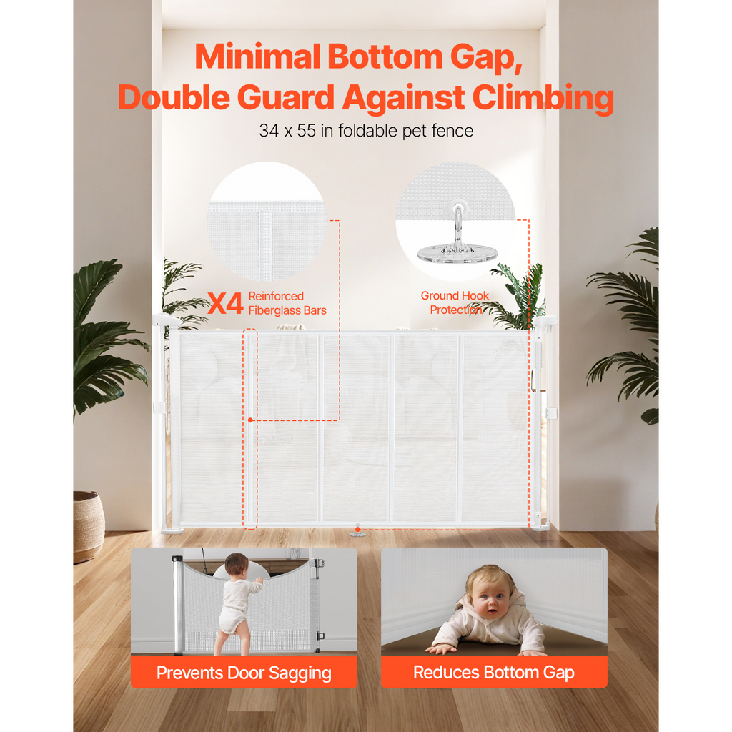 Retractable Baby Gate 34 in Tall Extend to 55 in Wide for Kids or Pets White - Grand Goldman