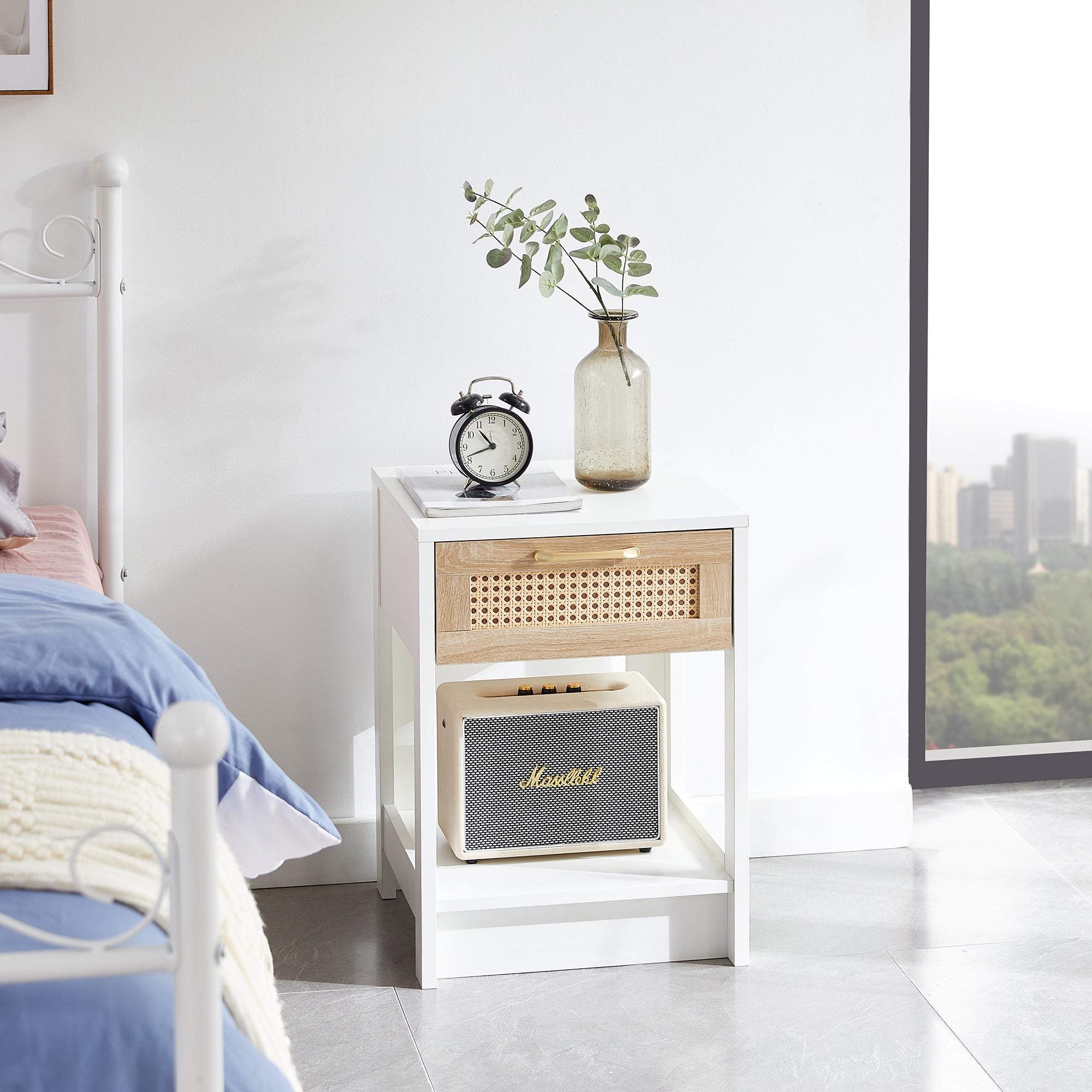 Modern Rattan End Table with Drawer, White MDF and Rattan, 15.75' Square - Grand Goldman Shop