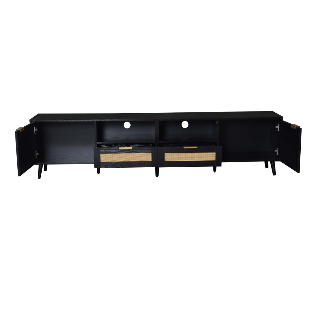Modern Farmhouse Rattan TV Stand for TVs up to 85'', Black MDF and Solid Wood Media Console with Cable Management, 78.74'' L x 14.6'' W x 18.9'' H - Grand Goldman Shop