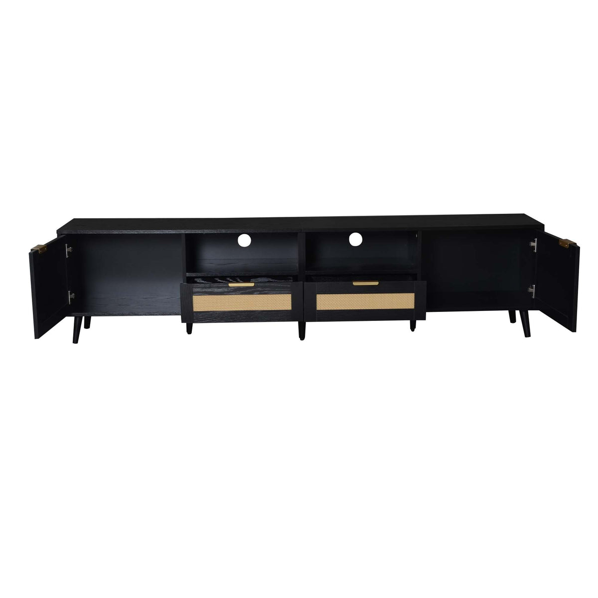 Modern Farmhouse Rattan TV Stand for TVs up to 85'', Black MDF and Solid Wood Media Console with Cable Management, 78.74'' L x 14.6'' W x 18.9'' H - Grand Goldman Shop