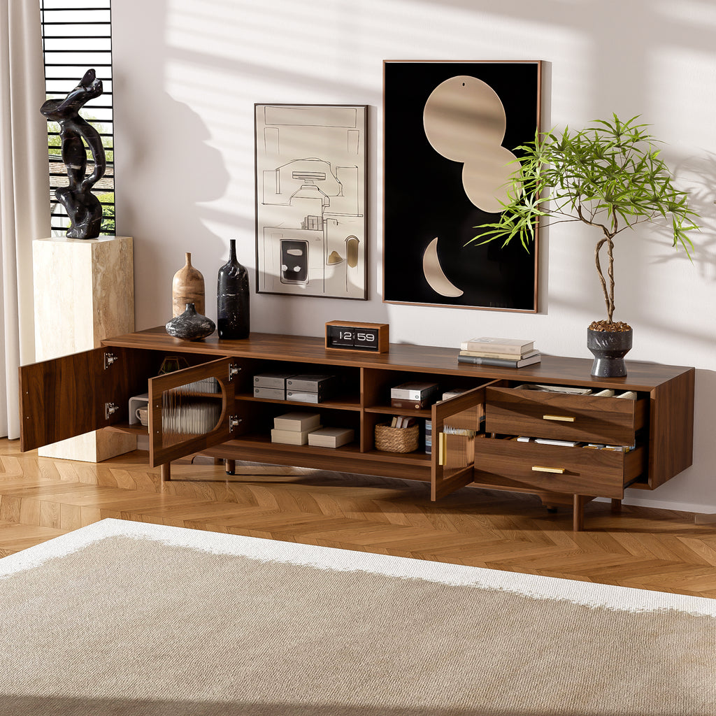 Modern TV Stand for 75-85 inch TVs with Fluted Glass Doors, 2 Drawers, Walnut Solid Wood Legs, 78.7'' L - Grand Goldman Shop