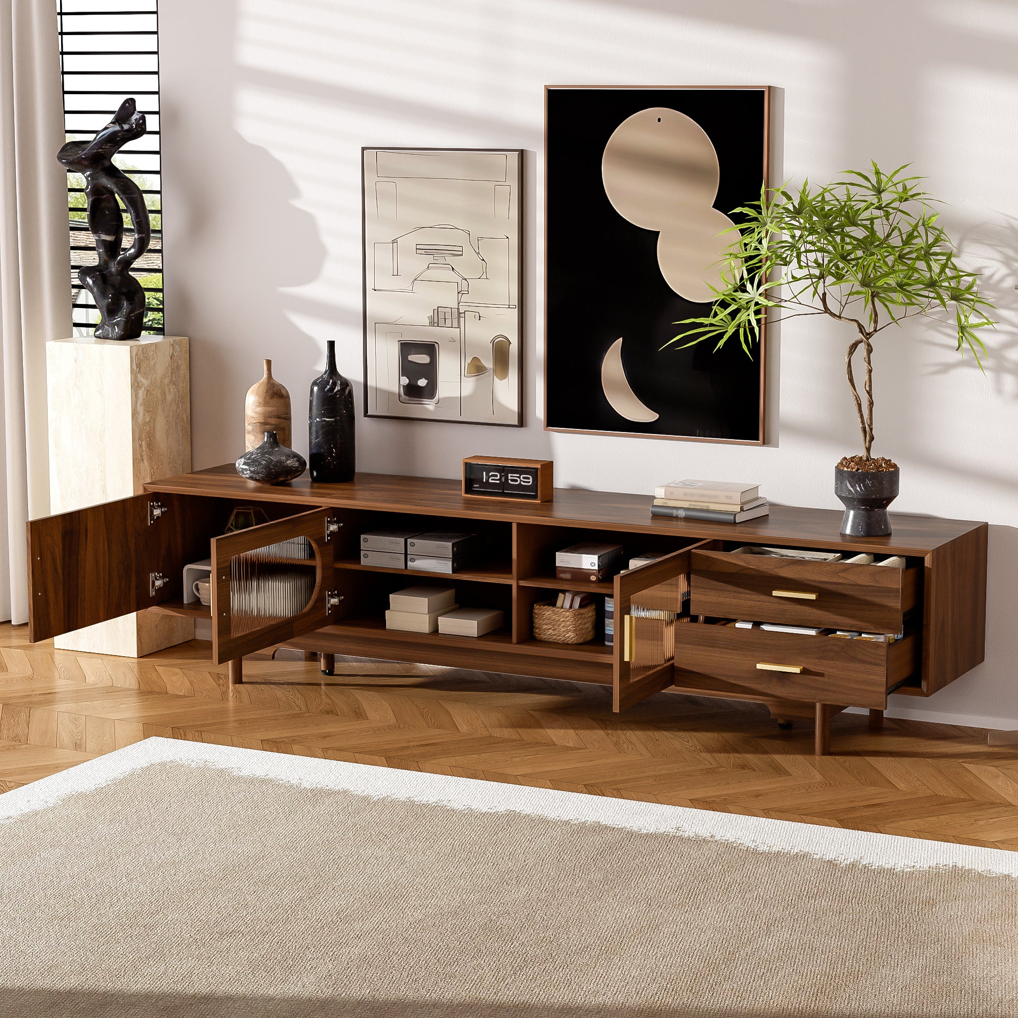 Modern TV Stand for 75-85 inch TVs with Fluted Glass Doors, 2 Drawers, Walnut Solid Wood Legs, 78.7'' L - Grand Goldman Shop