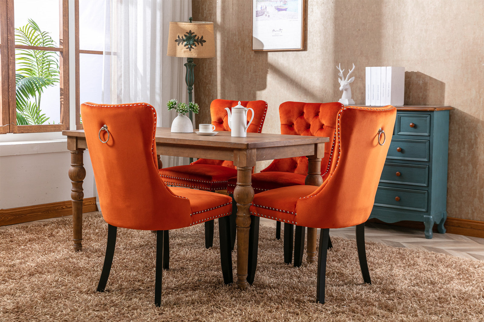 Nikki Collection Modern, High-end Tufted Solid Wood Contemporary Velvet Upholstered Dining Chair with Wood Legs Nailhead Trim 2-Pcs Set, Orange, SW2001OG - Grand Goldman Shop