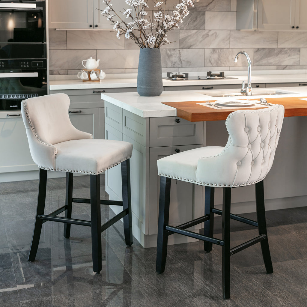 A&A Furniture,Contemporary Velvet Upholstered Wing-Back Barstools with Button Tufted Decoration and Wooden Legs, and Chrome Nailhead Trim, Leisure Style Bar Chairs,Bar stools, Set of 2 (Beige),SW1824B - Grand Goldman Shop