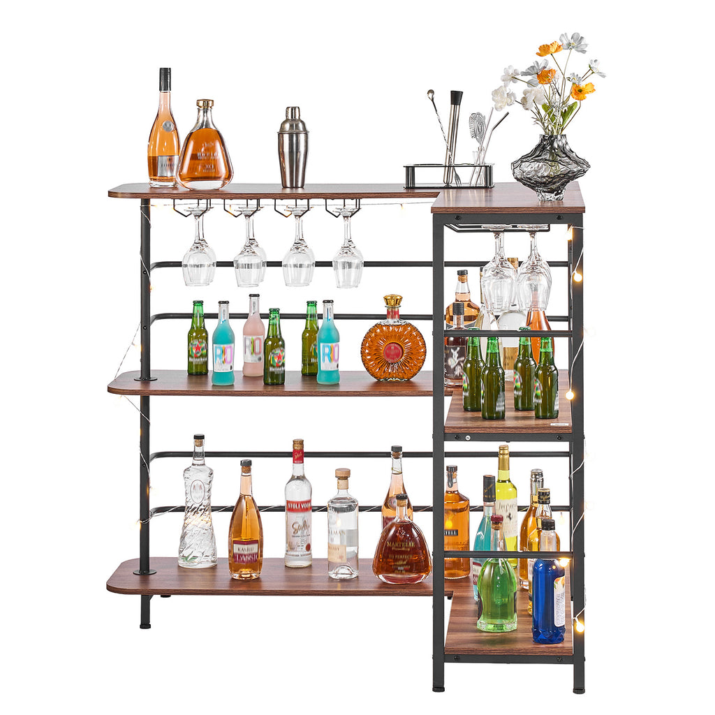 Home Bar Unit, L-Shaped Wine Bar Cabinet Table 3-Tier with Storage Shelves, Adjustable Foot Pads, LED Light, Walnut Finish & Metal Frame Liquor Cabinet for Home, Kitchen,Living Room,Pub,Basement - Grand Goldman Shop