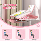 Qaba Kids Desk and Chair Set, Height Adjustable Kids School Study Desk and Chair Set with Tilt Desktop, Storage Drawer & Book