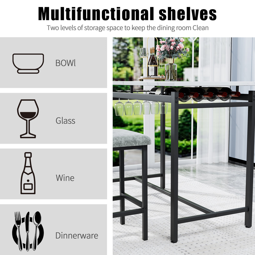 Modern Dining Table and Chairs for 2, Marble Finishes Dining Table Set with 2 Upholstered Chairs, Kitchen Table Set Bar Pub Set for Breakfast Nook, Dining Room, Rustic Black, Grey Chair - Grand Goldman Shop