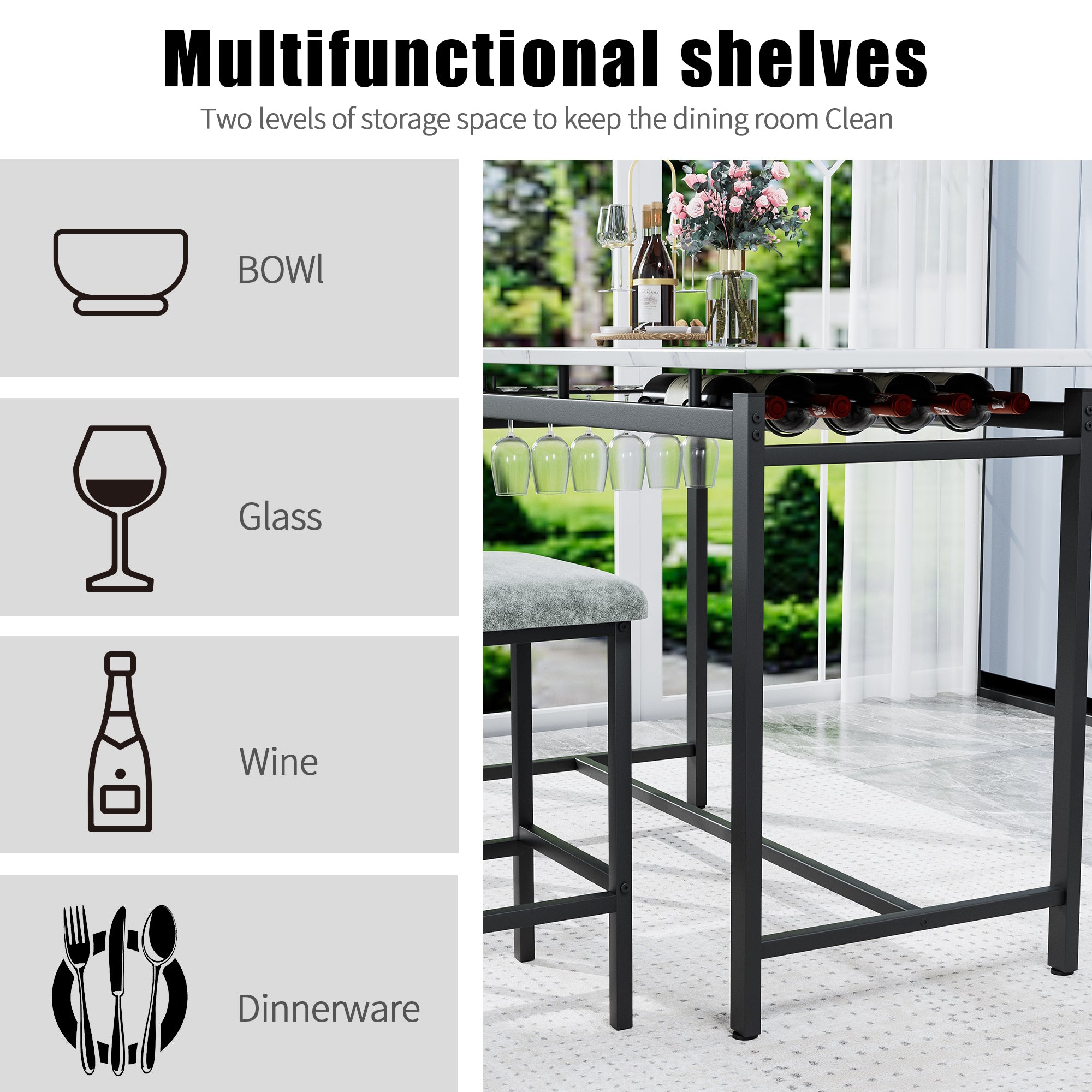 Modern Dining Table and Chairs for 2, Marble Finishes Dining Table Set with 2 Upholstered Chairs, Kitchen Table Set Bar Pub Set for Breakfast Nook, Dining Room, Rustic Black, Grey Chair - Grand Goldman Shop